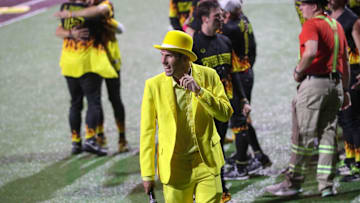 Banana Ball founder Jesse Cole watches as the Party Animals celebrate following the Banana Ball championship game on Saturday, October 11, 2025 at Historic Grayson Stadium.