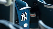 Jul 12, 2020; Bronx, New York, United States; A view of the  New York Yankees logo and seat number of an empty seat during a simulated game during summer camp workouts at Yankee Stadium. Mandatory Credit: Vincent Carchietta-Imagn Images