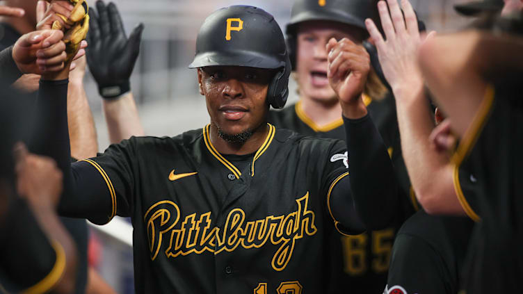 Sep 8, 2023; Atlanta, Georgia, USA; Pittsburgh Pirates third baseman Ke'Bryan Hayes (13) celebrates