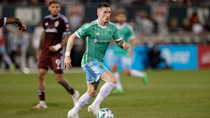 Apr 26, 2025; Commerce City, Colorado, USA; Seattle Sounders forward Ryan Kent (77) controls the ball in the second half against the Colorado Rapids at Dick's Sporting Goods Park. Mandatory Credit: Isaiah J. Downing-Imagn Images