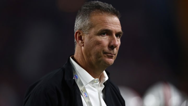 Dec 28, 2019; Glendale, Arizona, USA; Ohio State Buckeyes former head coach Urban Meyer on the sidelines during the game against the Clemson Tigers in the 2019 Fiesta Bowl college football playoff semifinal game. Mandatory Credit: Matthew Emmons-USA TODAY Sports