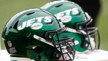 New York Jets helmets on the sidelines against the Pittsburgh Steelers during the second quarter at Acrisure Stadium