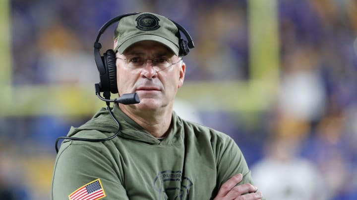 Nov 16, 2023; Pittsburgh, Pennsylvania, USA;  Pittsburgh Panthers head coach Pat Narduzzi on the sidelines against the Boston College Eagles at Acrisure Stadium. Mandatory Credit: Charles LeClaire-USA TODAY Sports