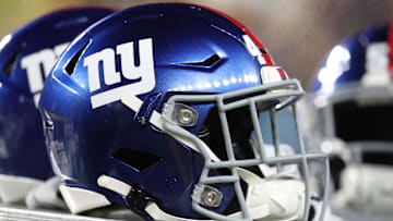 Oct 28, 2024; Pittsburgh, Pennsylvania, USA;  New York Giants helmets on the sidelines against the Pittsburgh Steelers during the third quarter at Acrisure Stadium. Mandatory Credit: Charles LeClaire-Imagn Images