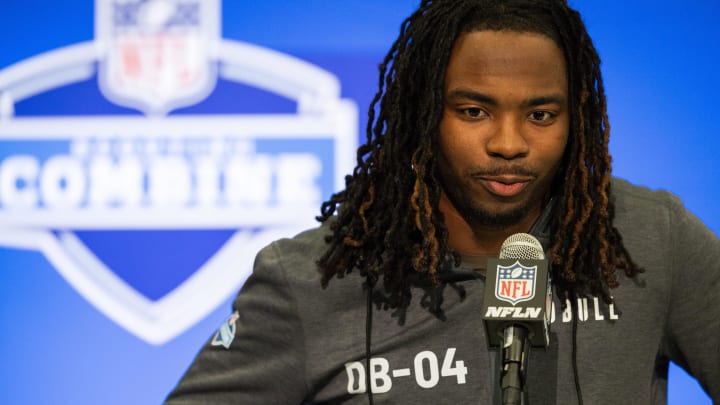 Feb 29, 2024; Indianapolis, IN, USA; Wake Forest defensive back Caelen Carson (DB04) talks to the media during the 2024 NFL Combine at Lucas Oil Stadium.