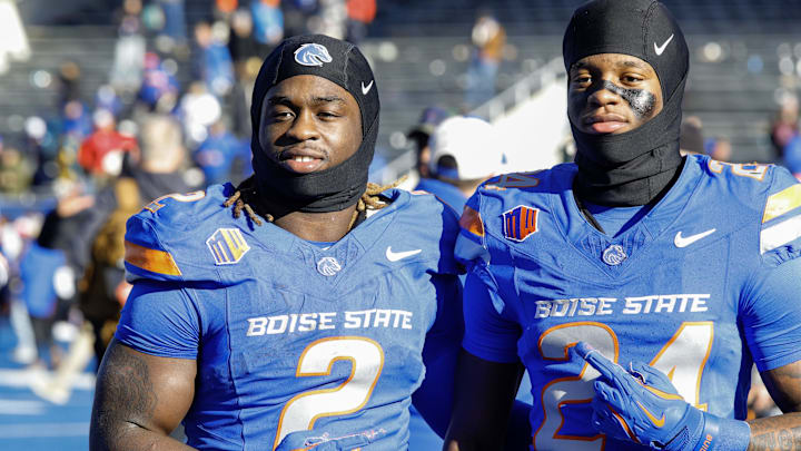 Boise State Broncos running back Ashton Jeanty and running back Dylan Riley celebrates against the Oregon State Beavers