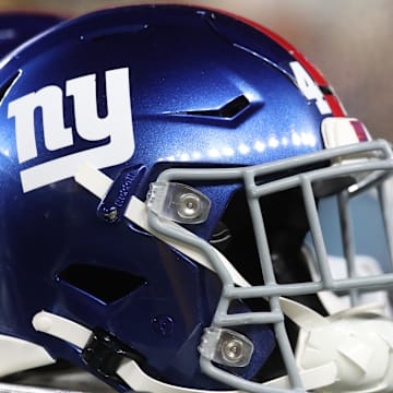 Oct 28, 2024; Pittsburgh, Pennsylvania, USA;  New York Giants helmets on the sidelines against the Pittsburgh Steelers during the third quarter at Acrisure Stadium. Mandatory Credit: Charles LeClaire-Imagn Images