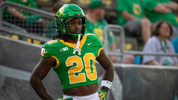 Oregon running back Jordan James warms up ahead of the game as the Oregon Ducks host the Boise State Broncos Saturday, Sept. 7, 2024 at Autzen Stadium in Eugene, Ore.