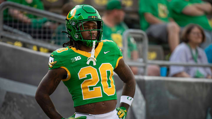 Oregon running back Jordan James warms up ahead of the game as the Oregon Ducks host the Boise State Broncos Saturday, Sept. 7, 2024 at Autzen Stadium in Eugene, Ore.