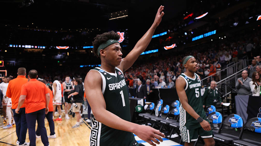 Mar 30, 2025; Atlanta, GA, USA; Michigan State Spartans guard Jeremy Fears Jr. (1) leaves the court after losing the South Regional final of the 2025 NCAA tournament against the Auburn Tigers Spartans at State Farm Arena. Mandatory Credit: Brett Davis-Imagn Images