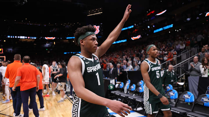 Mar 30, 2025; Atlanta, GA, USA; Michigan State Spartans guard Jeremy Fears Jr. (1) leaves the court after losing the South Regional final of the 2025 NCAA tournament against the Auburn Tigers Spartans at State Farm Arena. Mandatory Credit: Brett Davis-Imagn Images