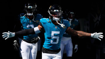 Jacksonville Jaguars safety Andre Cisco (5) runs onto the field before an NFL football matchup
