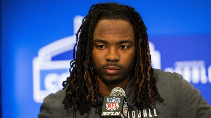 Feb 29, 2024; Indianapolis, IN, USA; Wake Forest defensive back Caelen Carson (DB04) talks to the media during the 2024 NFL Combine at Lucas Oil Stadium. Mandatory Credit: Trevor Ruszkowski-USA TODAY Sports