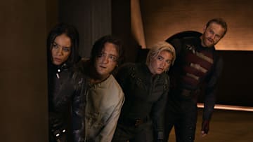 (L-R) Ghost (Hannah John-Kamen), Bob (Lewis Pullman), Yelena Belova (Florence Pugh) and John Walker (Wyatt Russell) in Marvel Studios' THUNDERBOLTS*. Photo by Chuck Zlotnick. © 2025 MARVEL. All Rights Reserved.