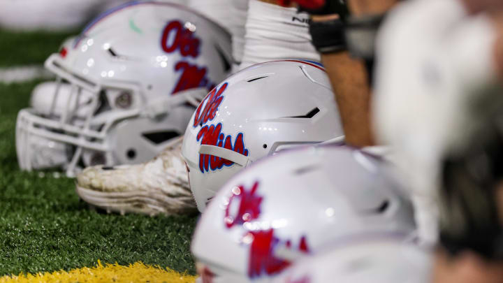 Jan 1, 2022; New Orleans, LA, USA; Mississippi Rebels helmets are seen on the ground on a time out against the Baylor Bears during the first half of the 2022 Sugar Bowl at Caesars Superdome. Mandatory Credit: Stephen Lew-USA TODAY Sports