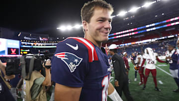 Aug 8, 2025; Foxborough, Massachusetts, USA; New England Patriots quarterback Drake Maye (10) reacts after defeating the Washington Commanders at Gillette Stadium. Mandatory Credit: Paul Rutherford-Imagn Images