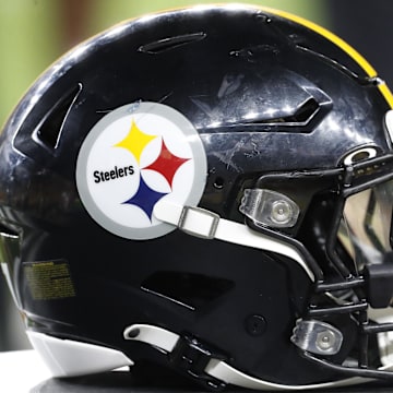 Aug 9, 2024; Pittsburgh, Pennsylvania, USA;  A Pittsburgh Steelers helmet sits on an equipment trunk during the game against the Houston Texans during the fourth quarter at Acrisure Stadium. Mandatory Credit: Charles LeClaire-Imagn Images