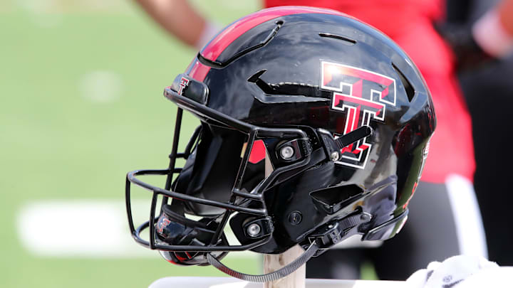 Sep 30, 2023; Lubbock, Texas, USA;  A general view of a Texas Tech Red Raiders helmet on the bench during the game against the Houston Cougars at Jones AT&T Stadium and Cody Campbell Field. Mandatory Credit: Michael C. Johnson-Imagn Images