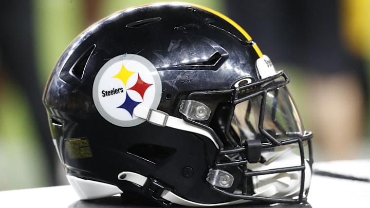 Aug 9, 2024; Pittsburgh, Pennsylvania, USA;  A Pittsburgh Steelers helmet sits on an equipment trunk during the game against the Houston Texans during the fourth quarter at Acrisure Stadium. Mandatory Credit: Charles LeClaire-Imagn Images