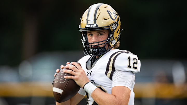 Buchholz Bobcats quarterback Trace Johnson (12) looks to throw against the Eastside Rams before the game at Citizens Field in Gainesville, FL on Friday, September 6, 2024. [Matt Pendleton/Gainesville Sun]