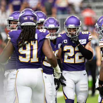 Vikings safety Harrison Smith leads a defensive huddle during a game against the Tampa Bay Buccaneers on Sept. 10, 2023, at U.S. Bank Stadium in Minneapolis. 