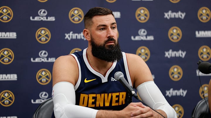 Sep 29, 2025; Denver, CO, USA; Denver Nuggets player Jonas Valanciunas (17) addresses the media during media day at Ball Arena. Mandatory Credit: Isaiah J. Downing-Imagn Images