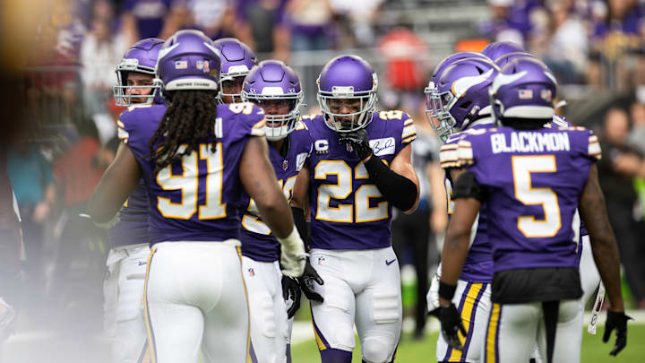 Vikings safety Harrison Smith leads a defensive huddle during a game against the Tampa Bay Buccaneers on Sept. 10, 2023, at U.S. Bank Stadium in Minneapolis. 