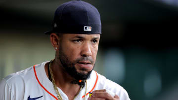 Jun 2, 2024; Houston, Texas, USA; Houston Astros first baseman Jose Abreu (79) in the dugout prior to the game against the Minnesota Twins at Minute Maid Park. Mandatory Credit: Erik Williams-USA TODAY Sports