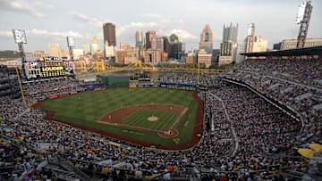 Jul 20, 2024; Pittsburgh, Pennsylvania, USA;  A sellout crowd watches as the Pittsburgh Pirates host the Philadelphia Phillies during the sixth inning at PNC Park. Mandatory Credit: Charles LeClaire-Imagn Images