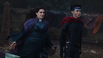 (L-R) Agatha Harkness (Kathryn Hahn) and Billy Maximoff (Joe Locke) in Marvel Television's AGATHA ALL ALONG, exclusively on Disney+..