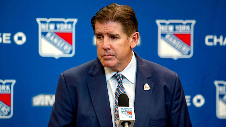 Mar 22, 2025; New York, New York, USA; New York Rangers head coach Peter Laviolette speaks with the media after a 5-3 win against the Vancouver Canucks at Madison Square Garden. Mandatory Credit: Danny Wild-Imagn Images