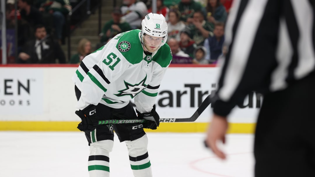 Feb 17, 2023; Saint Paul, Minnesota, USA;  Dallas Stars forward Fredrik Karlstrom (51) during the third period at Xcel Energy Center. Minnesota wins 2-1 in shootout. Mandatory Credit: Bruce Fedyck-USA TODAY Sports