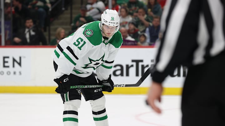 Feb 17, 2023; Saint Paul, Minnesota, USA;  Dallas Stars forward Fredrik Karlstrom (51) during the third period at Xcel Energy Center. Minnesota wins 2-1 in shootout. Mandatory Credit: Bruce Fedyck-USA TODAY Sports