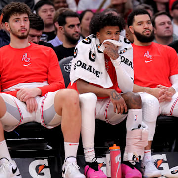 Dec 27, 2023; Houston, Texas, USA; (from L-to-R) Houston Rockets center Alperen Sengun (28), Houston Rockets guard Jalen Green (4) and Houston Rockets guard Fred VanVleet (5) 