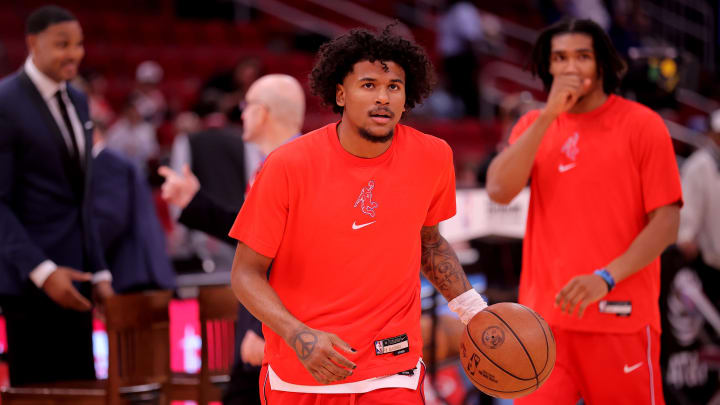 Apr 9, 2024; Houston, Texas, USA; Houston Rockets guard Jalen Green (4) warms up prior to the game against the Orlando Magic at Toyota Center. Mandatory Credit: Erik Williams-USA TODAY Sports