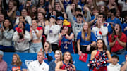 Kansas Jayhawks fans react to a play during the first half of the game against Texas A&M-Corpus Christi Islanders inside Allen Fieldhouse on Nov. 11, 2025.