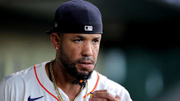 Former Houston Astros first baseman Jose Abreu (79) in the dugout prior to the game against the Minnesota Twins at Minute Maid Park.