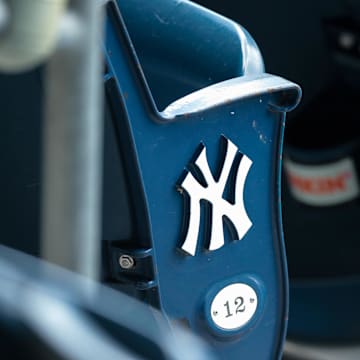 Jul 12, 2020; Bronx, New York, United States; A view of the  New York Yankees logo and seat number of an empty seat during a simulated game during summer camp workouts at Yankee Stadium. Mandatory Credit: Vincent Carchietta-Imagn Images