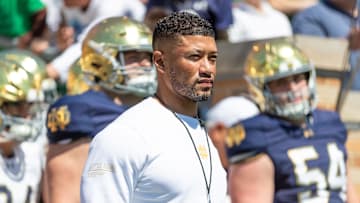 Apr 12, 2025; Notre Dame, IN, USA; Notre Dame Fighting Irish head coach Marcus Freeman waits to run onto the field during the Blue-Gold game at Notre Dame Stadium. 