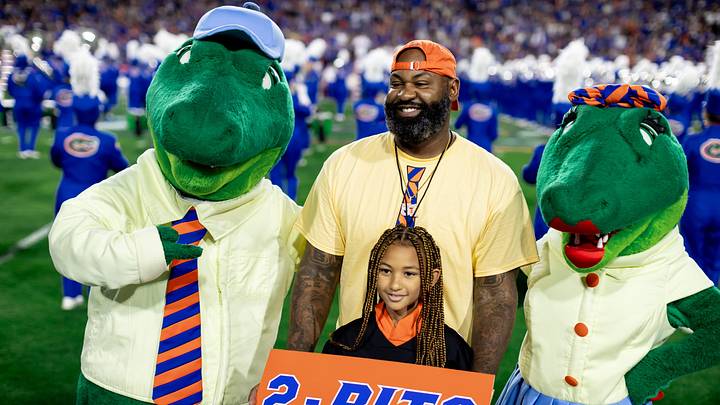 Former Florida Gators player Brandon Spikes is the honorary Mr. Two-Bits before the game against the Florida State Seminoles at Steve Spurrier Field at Ben Hill Griffin Stadium in Gainesville, FL on Saturday, November 25, 2023. [Matt Pendleton/Gainesville Sun]