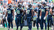 Sep 22, 2024; Seattle, Washington, USA; Seattle Seahawks defensive tackle Johnathan Hankins (97) smiles before the start of the play during the second quarter against the Miami Dolphins at Lumen Field. Mandatory Credit: Kevin Ng-Imagn Images
