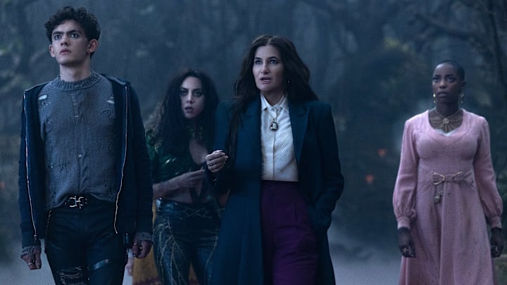 (L-R): Teen (Joe Locke), Rio Vidal (Aubrey Plaza), Agatha Harkness (Kathryn Hahn) and Jennifer Kale (Sasheer Zamata) in Marvel Television's AGATHA ALL ALONG, exclusively on Disney+. Photo by Chuck Zlotnick. © 2024 MARVEL.