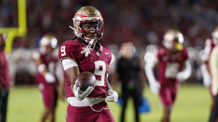 Nov 18, 2023; Tallahassee, Florida, USA; Florida State Seminoles running back Lawrance Toafili (9) during the warm ups against the North Alabama Lions at Doak S. Campbell Stadium. Mandatory Credit: Morgan Tencza-USA TODAY Sports