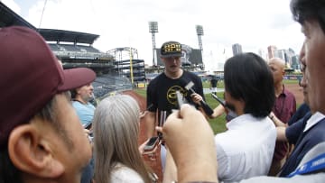 Jun 4, 2024; Pittsburgh, Pennsylvania, USA; Pittsburgh Pirates pitcher Paul Skenes speaks to assembled foreign media before the game against the Los Angeles Dodgers at PNC Park. Mandatory Credit: Charles LeClaire-USA TODAY Sports
