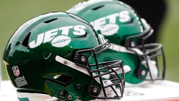 Oct 2, 2022; Pittsburgh, Pennsylvania, USA;  New York Jets helmets on the sidelines against the Pittsburgh Steelers during the second quarter at Acrisure Stadium. Mandatory Credit: Charles LeClaire-Imagn Images