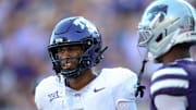 TCU wide receiver Eric McAllister reacts after a play against Kansas State