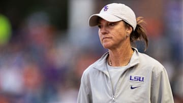 LSU Tigers head coach Beth Torina looks on against the Florida Gators during the game at Katie Seashole Pressly Stadium at the University of Florida in Gainesville, FL on Monday, April 8, 2024. [Matt Pendleton/Gainesville Sun]