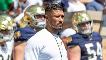 Apr 12, 2025; Notre Dame, IN, USA; Notre Dame Fighting Irish head coach Marcus Freeman waits to run onto the field during the Blue-Gold game at Notre Dame Stadium. Mandatory Credit: Michael Caterina-Imagn Images