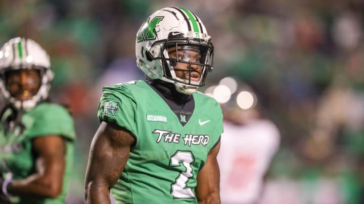 Nov 27, 2021; Huntington, West Virginia, USA; Marshall Thundering Herd wide receiver Jayden Harrison (2) during the fourth quarter against the Western Kentucky Hilltoppers at Joan C. Edwards Stadium. Mandatory Credit: Ben Queen-USA TODAY Sports