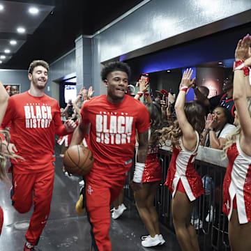 Feb 28, 2023; Houston, Texas, USA; Houston Rockets guard Jalen Green (4) and center Alperen Sengun (28) run towards the court